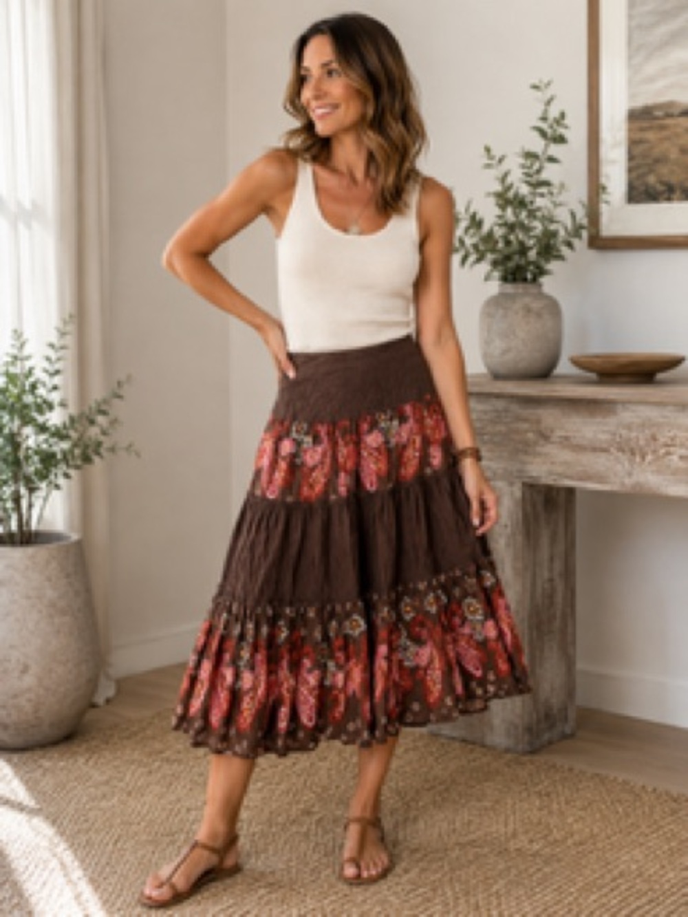 Boho Prairie Tiered Chocolate Brown Skirt with Paisley Panels John Paul Richard